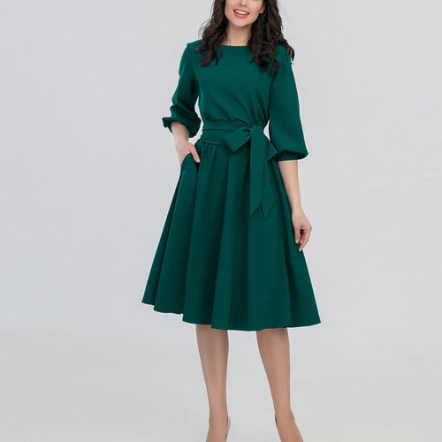 2019 New Women Fashion Vintage Dress Autumn Green O-Neck Elegant A Line Dresses Puff Sleeve Vestidos Dress No Pocket