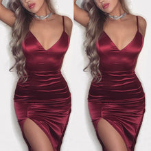 Load image into Gallery viewer, New Women Summer Split Dress Sexy Fashion Party Club V Neck Spaghetti Strap Satin Women Bodycon Sleeveless Short Mini Dress