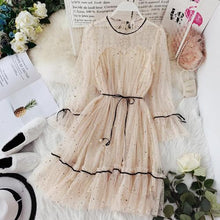 Load image into Gallery viewer, HISUMA spring autumn new women Star sequins gauze flare sleeve lace-up Princess dress female elegant o-neck mesh puff dresses