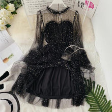 Load image into Gallery viewer, HISUMA spring autumn new women Star sequins gauze flare sleeve lace-up Princess dress female elegant o-neck mesh puff dresses