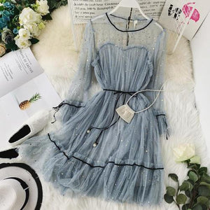 HISUMA spring autumn new women Star sequins gauze flare sleeve lace-up Princess dress female elegant o-neck mesh puff dresses