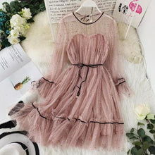 Load image into Gallery viewer, HISUMA spring autumn new women Star sequins gauze flare sleeve lace-up Princess dress female elegant o-neck mesh puff dresses