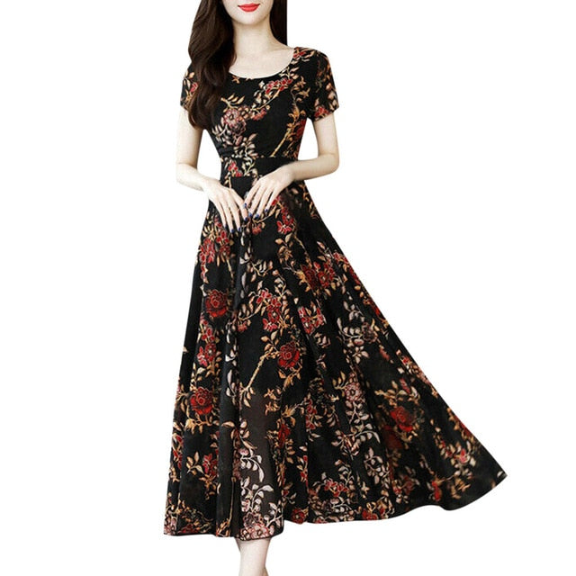 Hot New Women Fashion Summer O-Neck Ankle-Length Short Sleeve Printing long Dress dress plus size