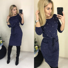 Load image into Gallery viewer, 2019 New Women Winter Spring Colors Cotton Dress Beading Knee-Length Stretch Elegant Long Sleeve O-neck Pockets Office Dresses