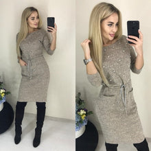 Load image into Gallery viewer, 2019 New Women Winter Spring Colors Cotton Dress Beading Knee-Length Stretch Elegant Long Sleeve O-neck Pockets Office Dresses