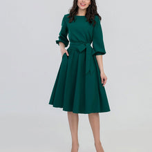 Load image into Gallery viewer, 2019 New Women Fashion Vintage Dress Autumn Green O-Neck Elegant A Line Dresses Puff Sleeve Vestidos Dress No Pocket