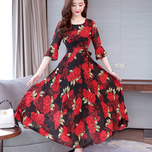 Load image into Gallery viewer, Fashion New Summer Bohemian Slim Large Swing Floral Dress O-neck Trumpet Sleeves High Waist Long Dress Temperamental Lady Dress