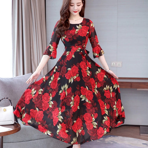 Fashion New Summer Bohemian Slim Large Swing Floral Dress O-neck Trumpet Sleeves High Waist Long Dress Temperamental Lady Dress