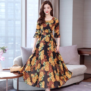 Fashion New Summer Bohemian Slim Large Swing Floral Dress O-neck Trumpet Sleeves High Waist Long Dress Temperamental Lady Dress